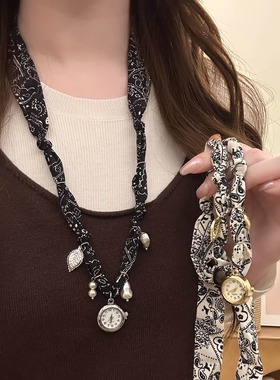 复古时尚独特钟表腰果花丝巾珍珠项链女气质高级感小众设计毛衣链