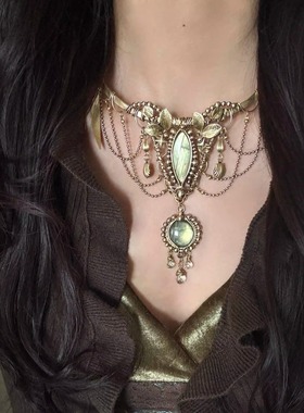 复古古铜色做旧金属流苏镶钻项链