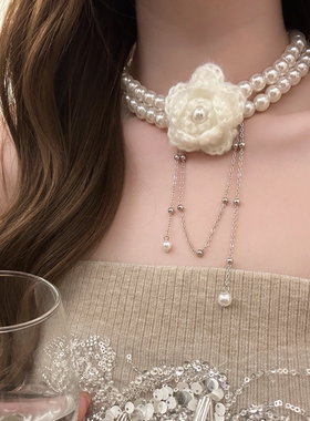 法式毛绒山茶花双层珍珠项链轻奢精致百搭锁骨链高级感气质choker