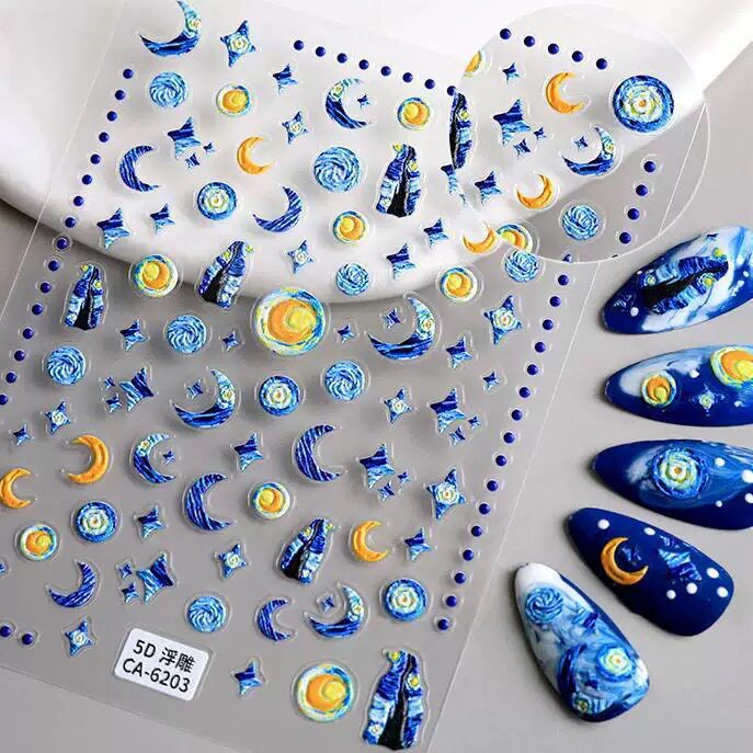 美甲贴纸浮雕5D立体梵高油画星空指甲贴片穿戴甲装饰品美甲店专用