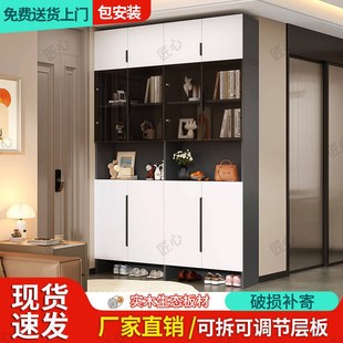 实木鞋柜入户进门隔断靠墙玄关柜一体定制收纳柜玻璃门储物柜