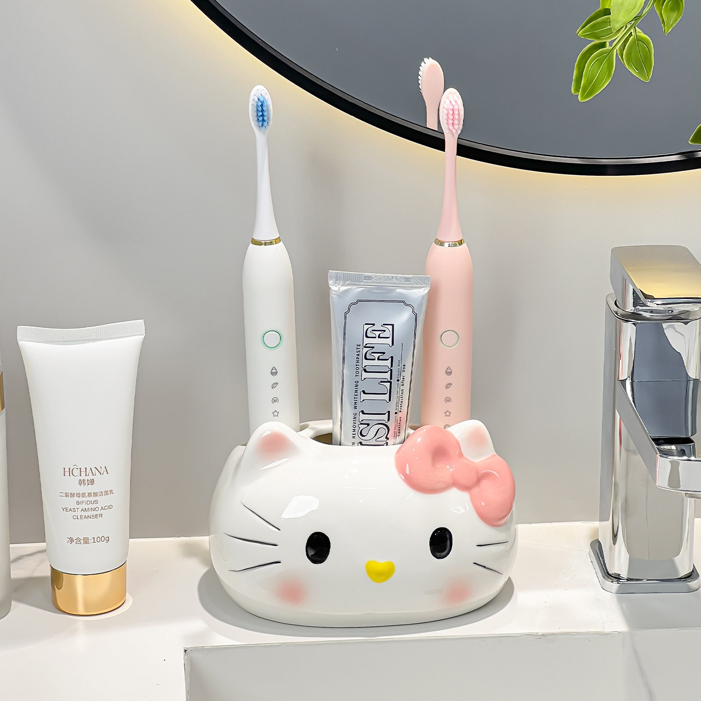 猫咪创意卫生间洗漱台情侣电动牙刷置物架浴室洗手台陶瓷收纳架子