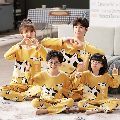 女童春秋季睡衣一家四口亲子装百分百纯棉套装卡通情侣全棉家居服