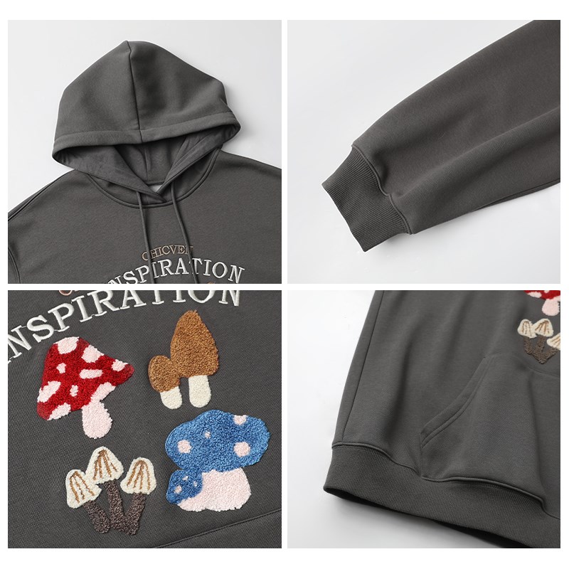 CV大码女装 秋季新款连帽彩色蘑菇卡通毛巾绣卫衣银狐绒上衣微胖