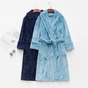 冬季加绒睡袍女士珊瑚绒男士长款浴袍情侣加厚长袍大码法兰绒睡衣