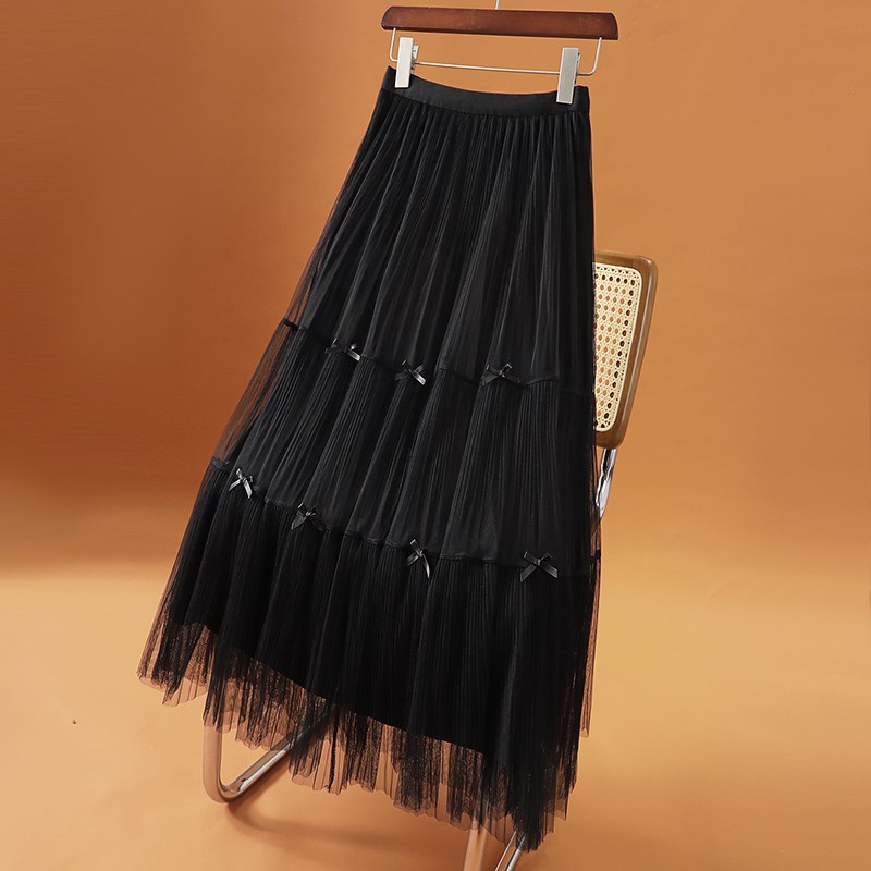 两面穿蝴蝶结网纱半身裙女秋冬新款高腰中长a字纱裙显瘦百褶裙子