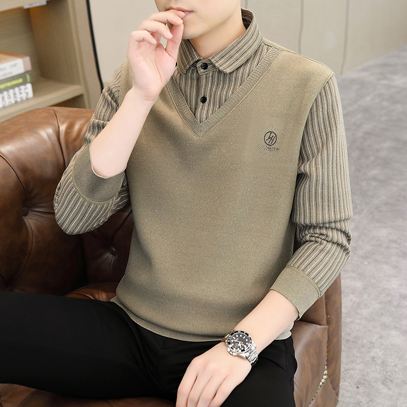 秋冬季假两件衬衫毛衣男内搭长袖针织打底衫加绒加厚带领保暖上衣