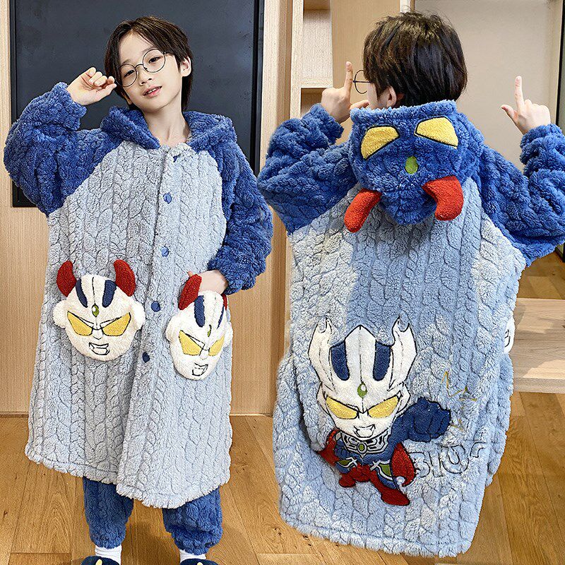 儿童睡衣男孩2024新款秋冬季加绒加厚珊瑚绒男童睡袍冬款男孩套装