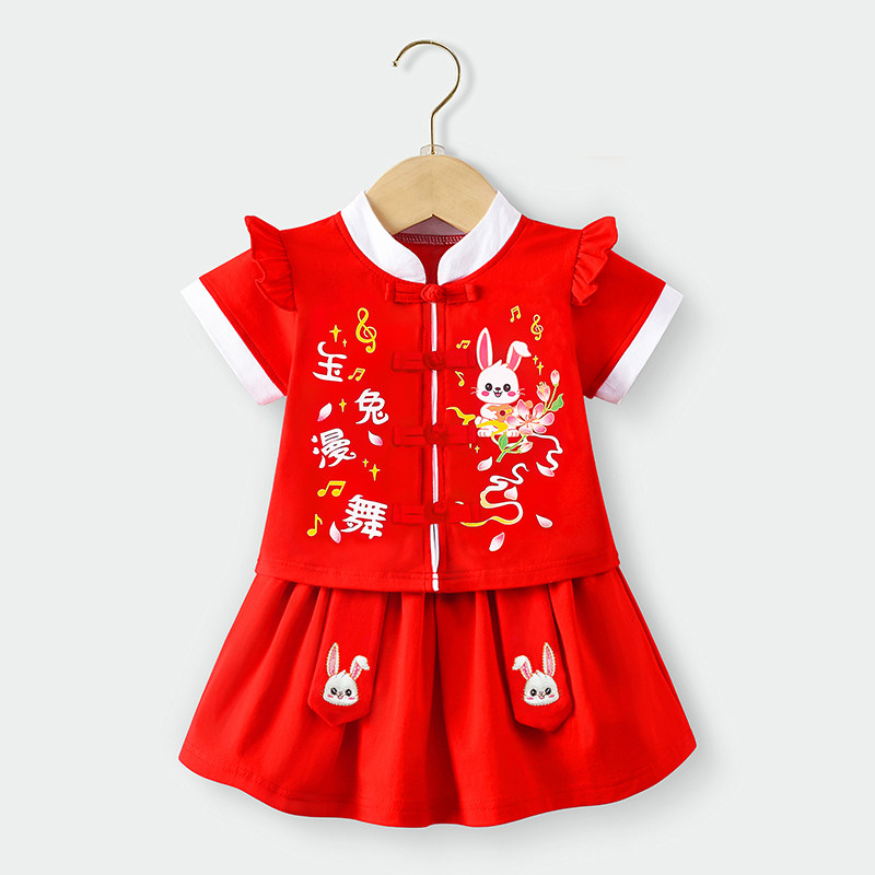 一周岁生日宴女宝宝秋夏季红色衣服女孩唐装抓周礼服兔宝套装女童