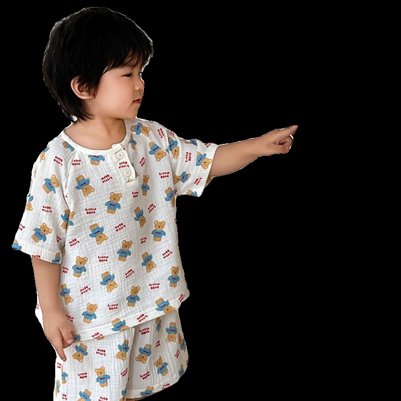 兄妹装睡衣夏纯棉短袖短裤纱布套薄款棉纱儿童宽松睡衣宝宝家居服