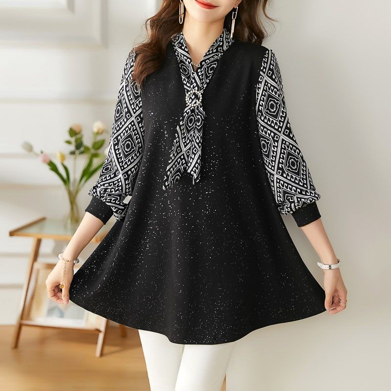 胖MM宽松显瘦中长款上衣女秋季洋气小衫大码女装花色拼接长袖T恤