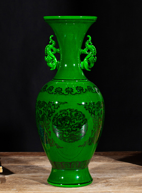 218景德镇陶瓷 仿古开片釉中式绿釉花瓶 家居摆件艺术品瓷器