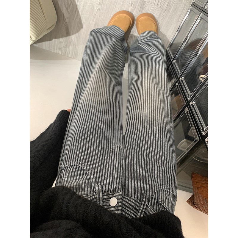 黑灰色条纹阔腿牛仔裤女春季新款胖妹妹mm高腰宽松显瘦直筒拖地裤