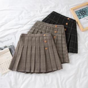 大码毛呢百褶裙短裙半身裙女秋冬胖mm显瘦遮胯加厚格子a字高腰裙