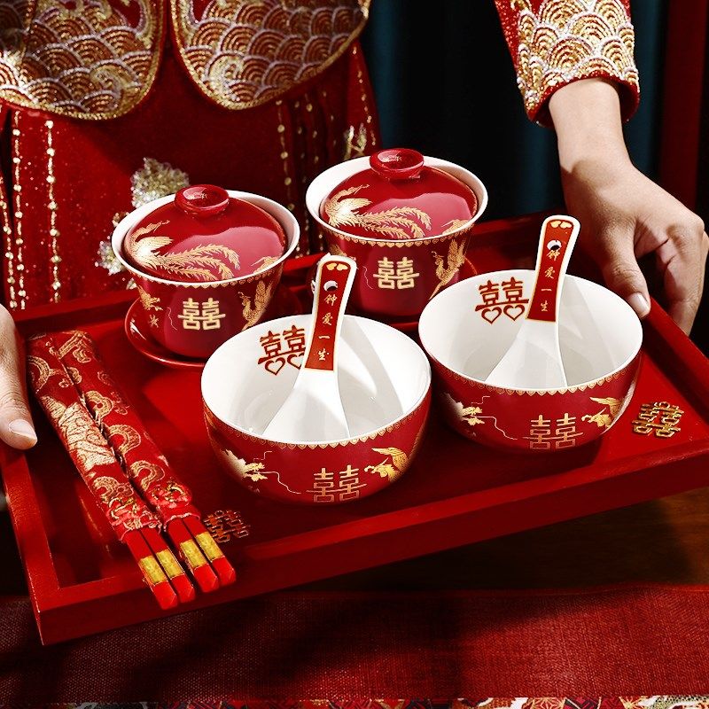 景德镇敬茶杯结婚陪嫁改口敬酒茶杯套装喜碗婚礼红色碗筷对碗娘家