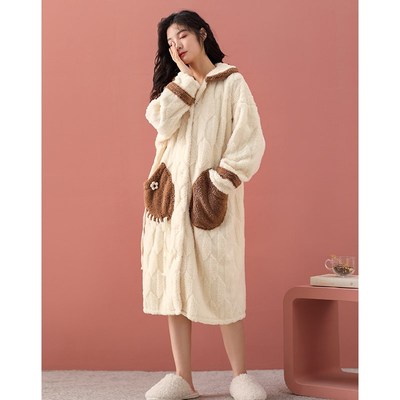 睡袍女秋冬季珊瑚绒加厚加绒保暖中长款浴袍冬天法兰绒可外穿睡衣