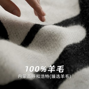 澜品繁花双面流苏纯羊毛毯中古风办公室黑白午睡毯盖毯沙发毯