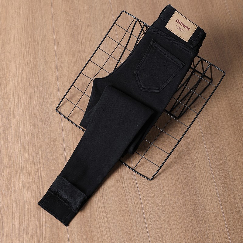 黑色加绒紧身小脚牛仔裤女2024新款高腰修身显瘦弹力百搭铅笔裤子