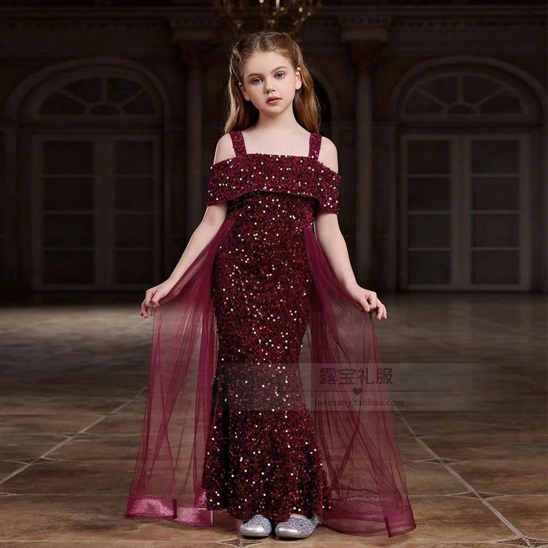 2024新款女童钢琴演出服洋气红色公主裙高端时尚模特婚礼伴娘礼服