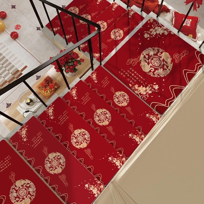 新婚喜庆大红硅藻泥楼梯踏步垫结婚地垫家用脚垫免胶自粘耐脏防滑