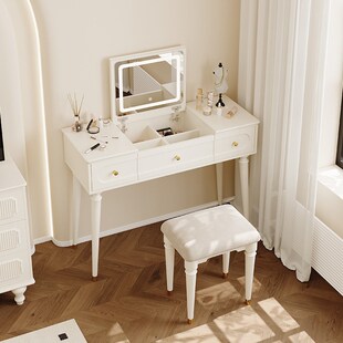 实木翻盖梳妆台法式奶油风二合一书桌化妆桌隐藏镜网红化妆台新款