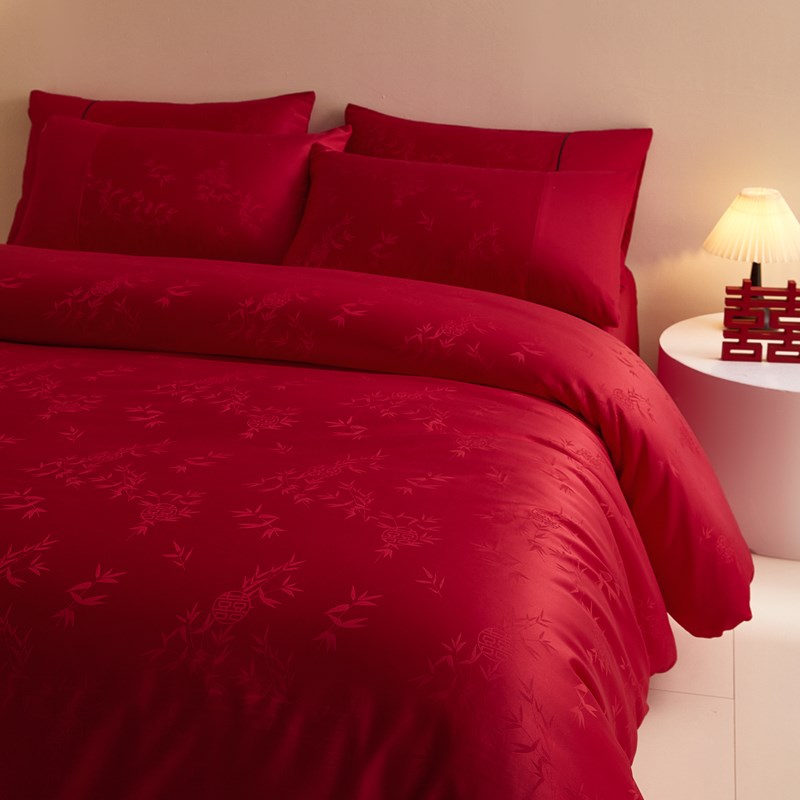 100S长绒棉结婚四件套红色竹子提花纯棉被套床单全棉被囍床上用品