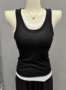 设计感拼接假两件套百搭撞色背心女夏季时尚薄款无袖T恤修饰上衣