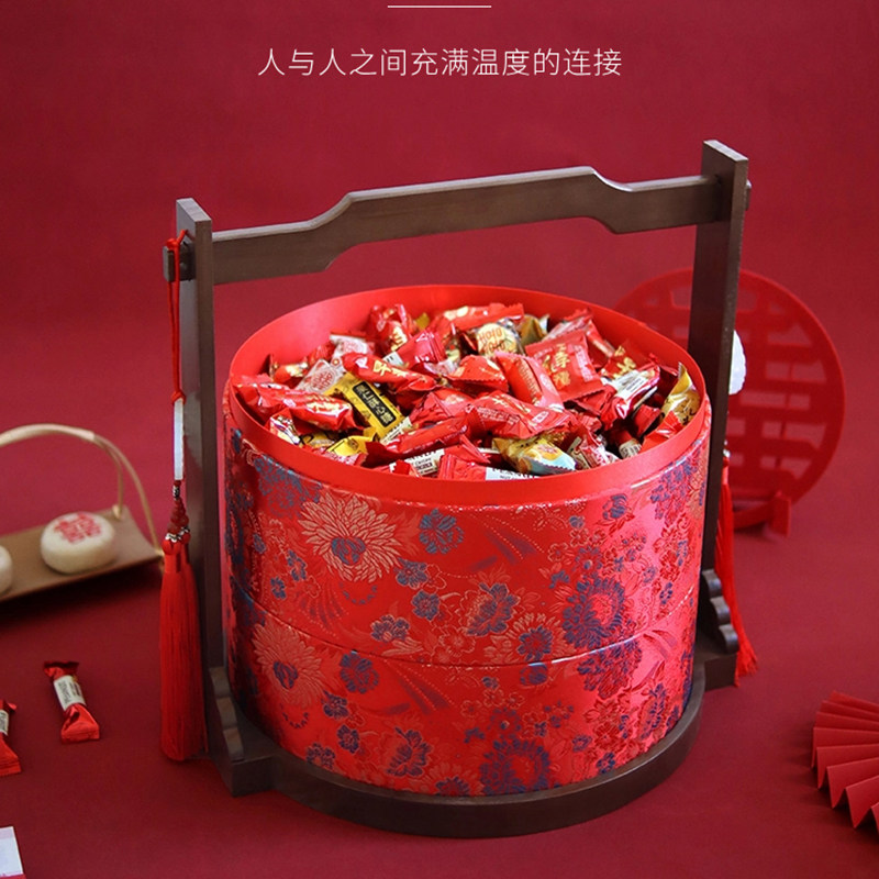 订婚彩礼钱盒子双层圆形提亲聘礼盒陪嫁锦布礼盒干果喜糖婚礼提篮