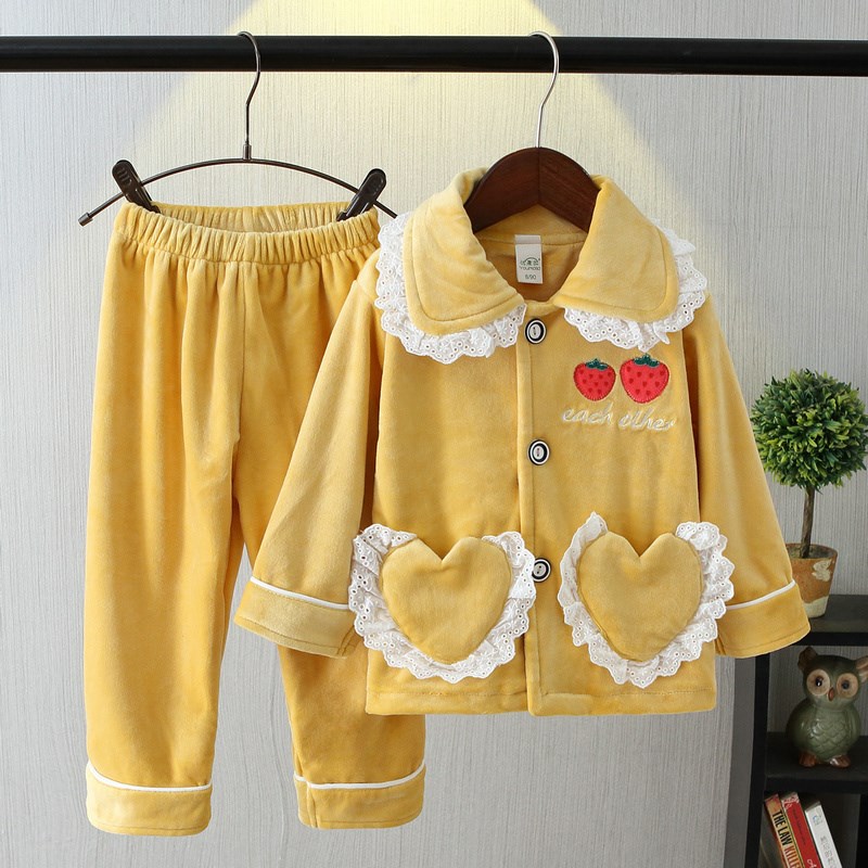 儿童睡衣秋冬海岛绒长袖套装女童中大童蕾丝公主家居服珊瑚绒草莓