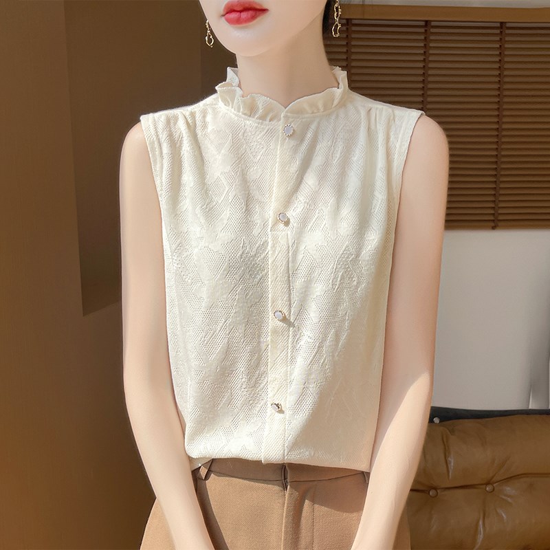 轻奢法式高级感精纺羊毛衬衫女无袖内搭打底西装针织背心上衣花边
