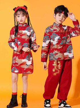 元旦儿童演出服男童中式唐装小学生啦啦队中国风女童旗袍走秀服装