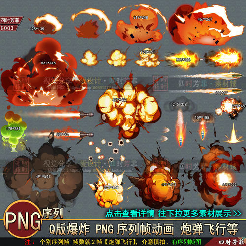Q版爆炸技能特效贴图 2D游戏光效 炮弹飞行序列帧PNG美术素材