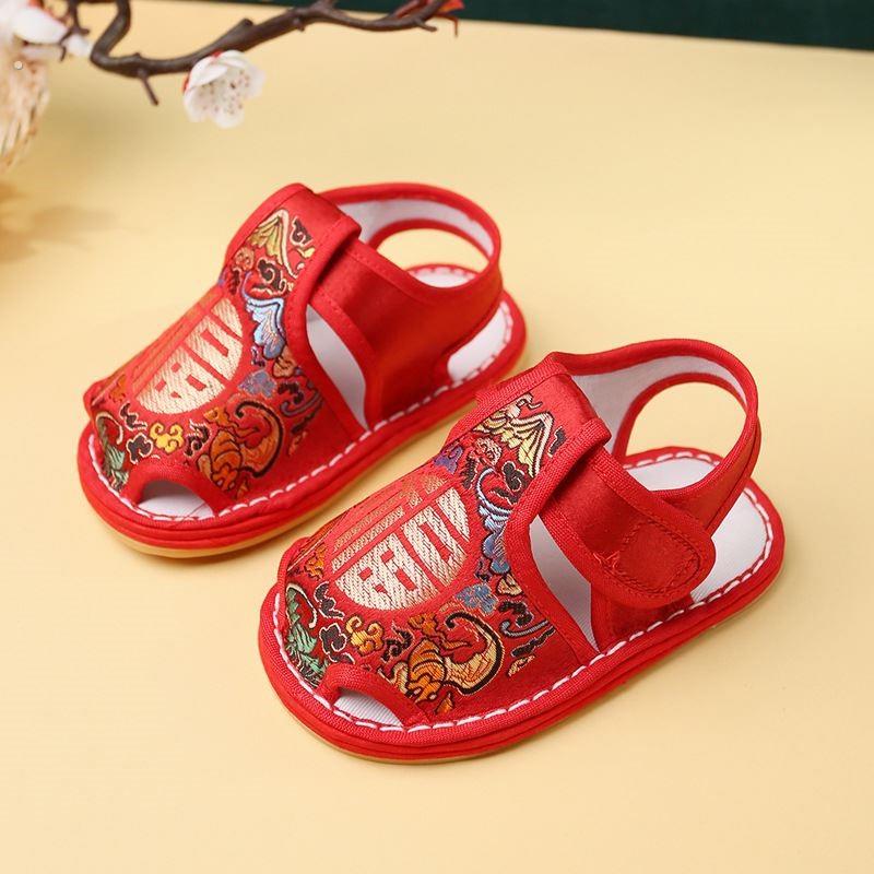 周岁鞋手工布鞋抓周鞋子男宝宝女婴儿凉鞋步前百岁满月虎头鞋红色