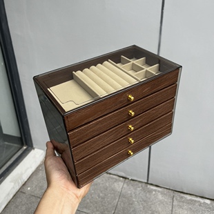 首饰盒耳钉耳环戒指项链手饰品多层精致珠宝收纳盒 胡桃木纹抽屉式