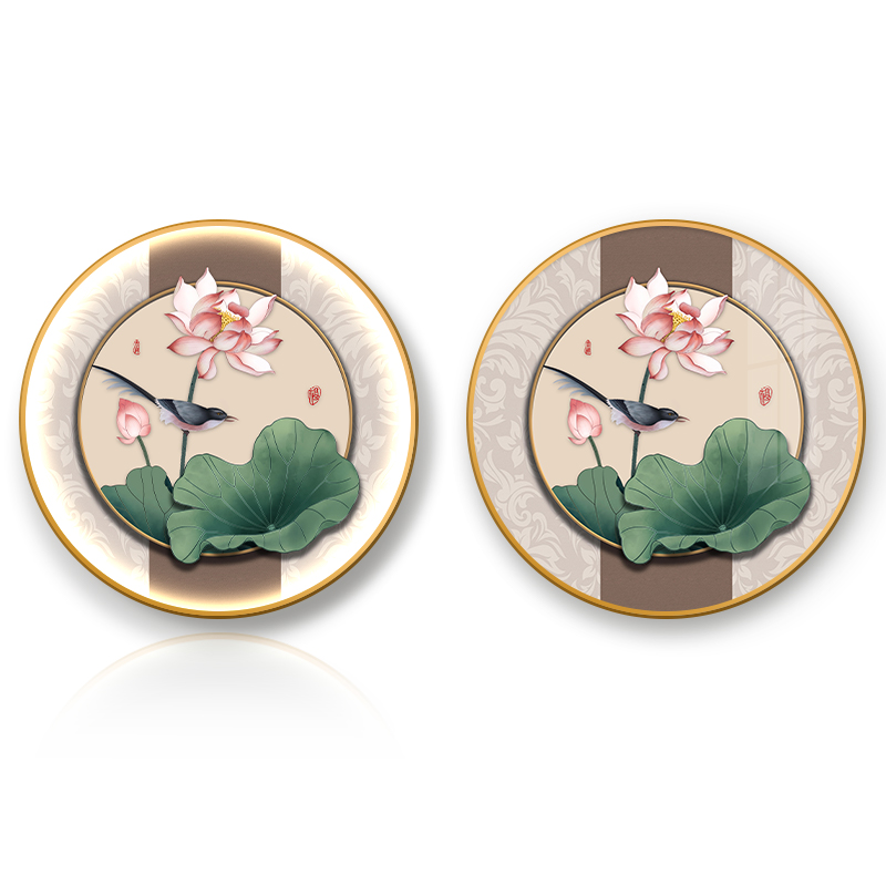 牡丹花圆形玄关装饰画led灯画新中式进门餐厅挂画荷花鸟壁画图片