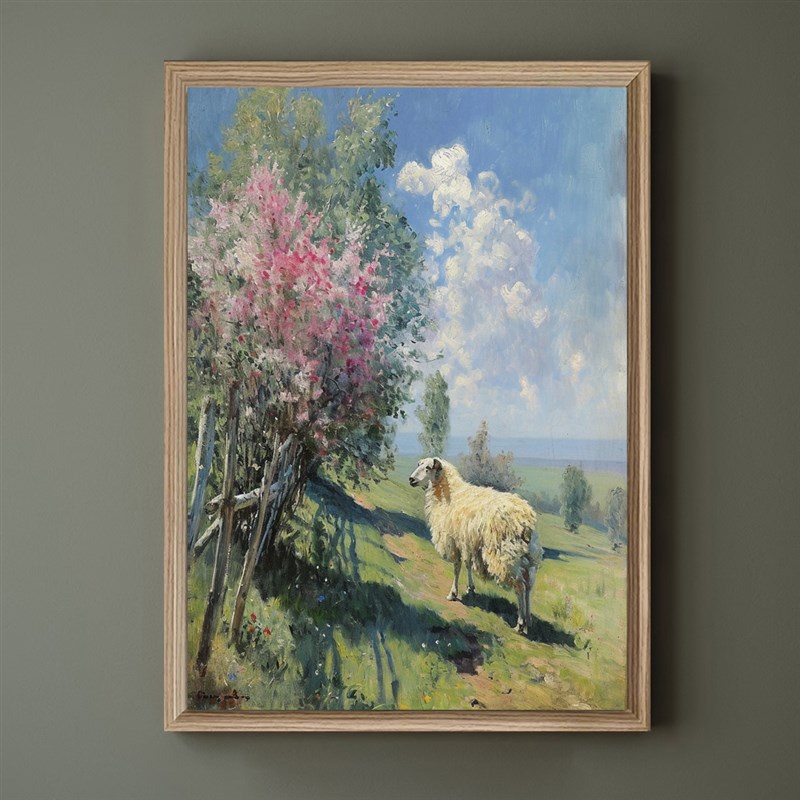 小众艺术装饰画春天羊只客厅沙发墙壁挂画桌柜摆画油画风景画欧式