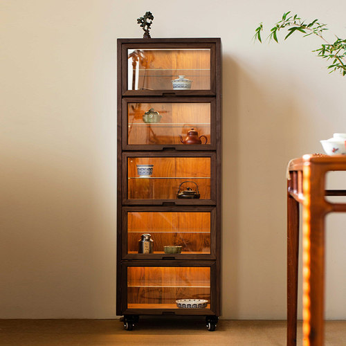 北美黑胡桃实木文玩茶具收纳展示柜大容量简约新中式可移动储物柜