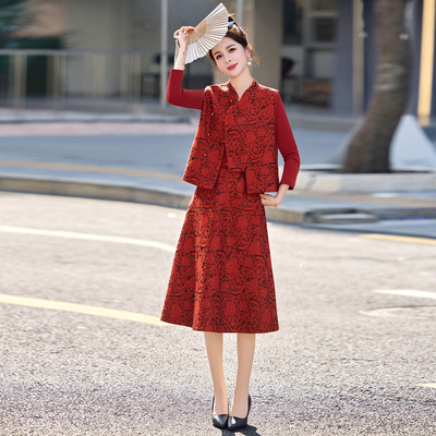 新中式提花红色晚宴三件套礼服