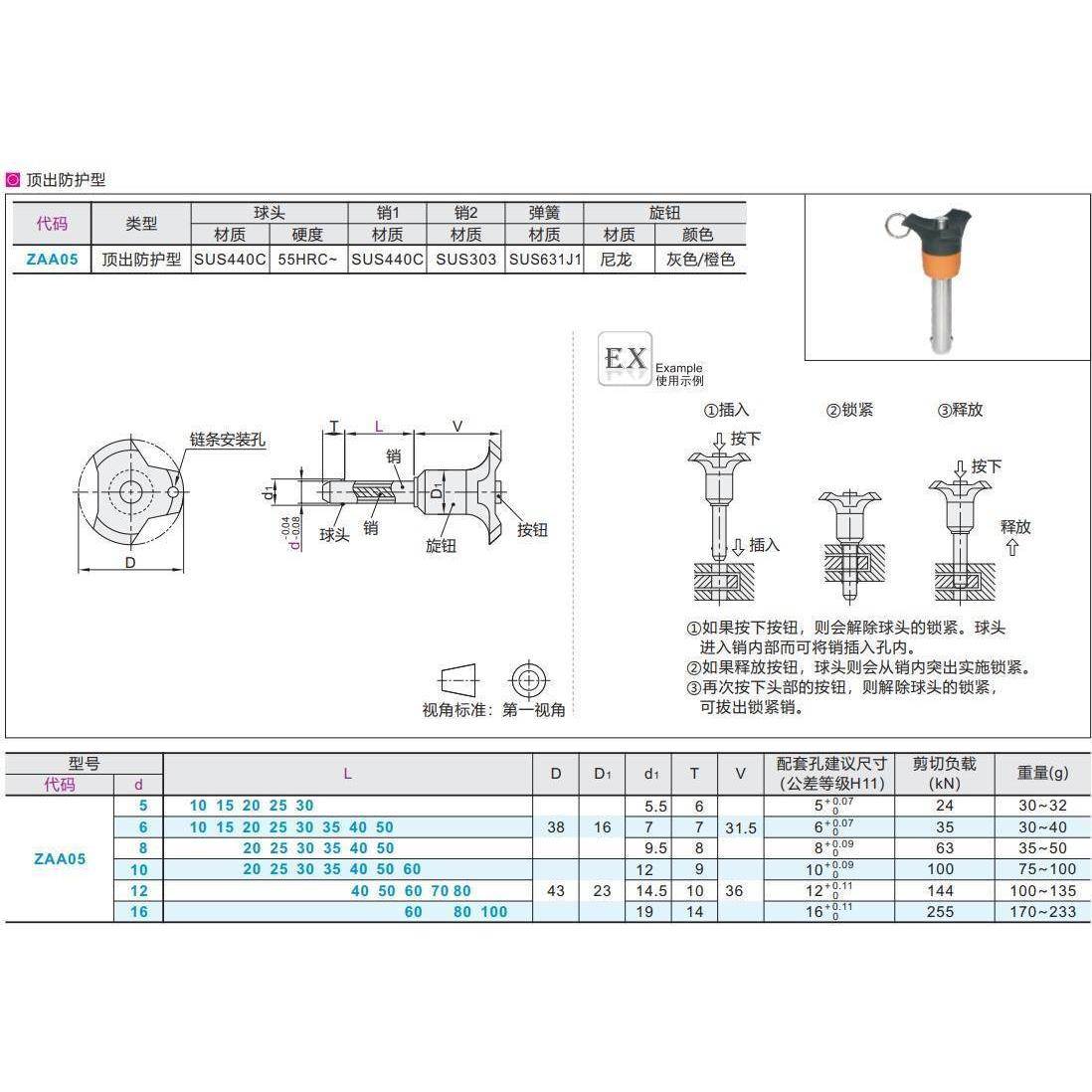 ZAA05-d5 插销ZAA05顶出防护锁紧圆柱销d6 d8 d10 12 16L10 15 20