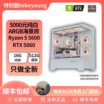 5000元纯白ARGB海景房 R5 5600 RTX5060 DIY游戏主机电脑