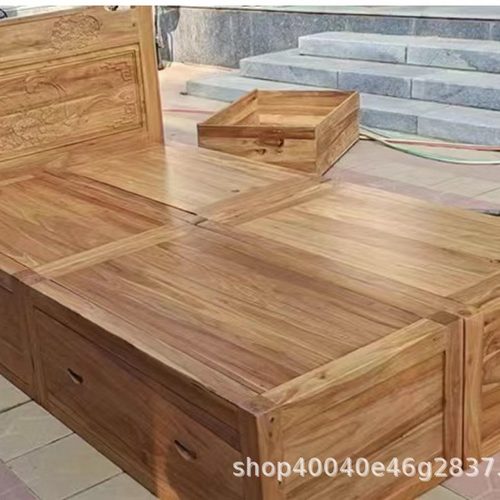 厂家 新中式老榆木床全实木榻榻米高箱体储物带抽屉原木双人床