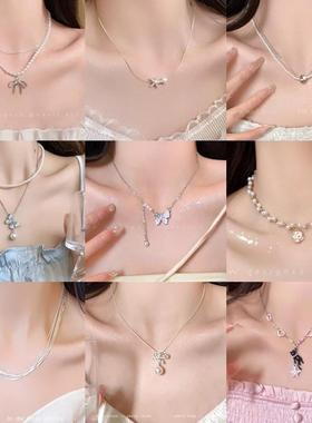 通体夏季碎冰蓝蝴蝶项炼配饰女轻奢小众锁骨炼颈炼吊坠