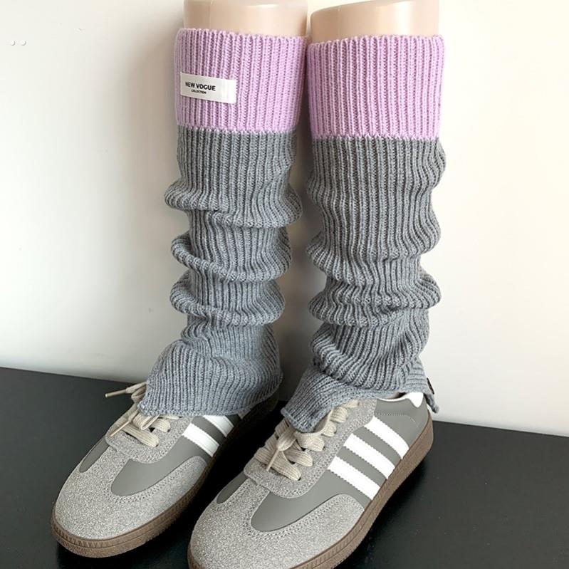 秋冬ins潮网红款灰紫色中筒针织堆堆袜套撞色黑灰色开叉小腿套女