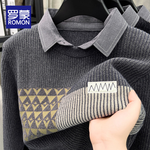 男款 罗蒙假两件针织衫 毛线衣内搭打底衫 领秋冬男士 上衣 男毛衣衬衫