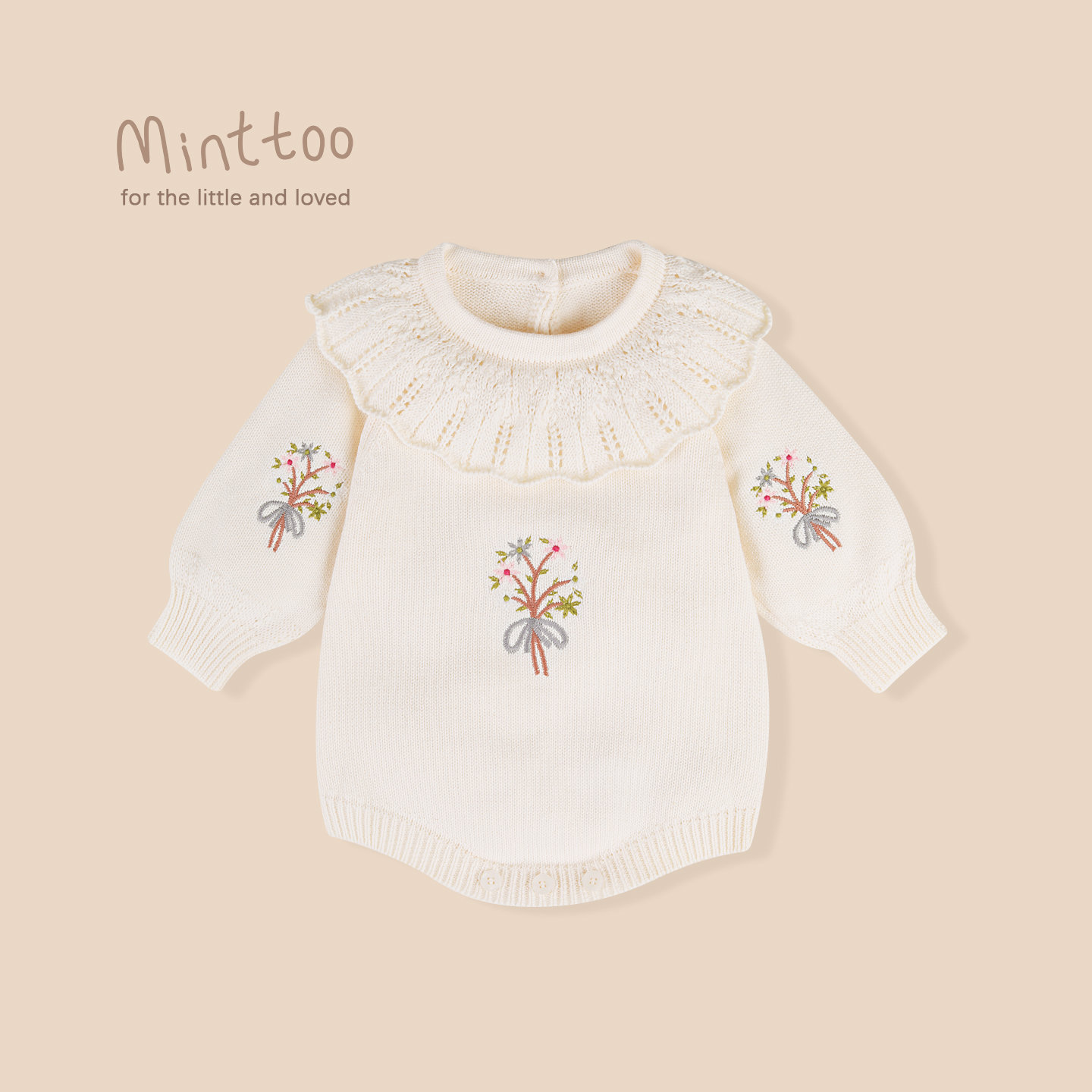 婴儿春秋针织荷叶领长袖绣花哈衣