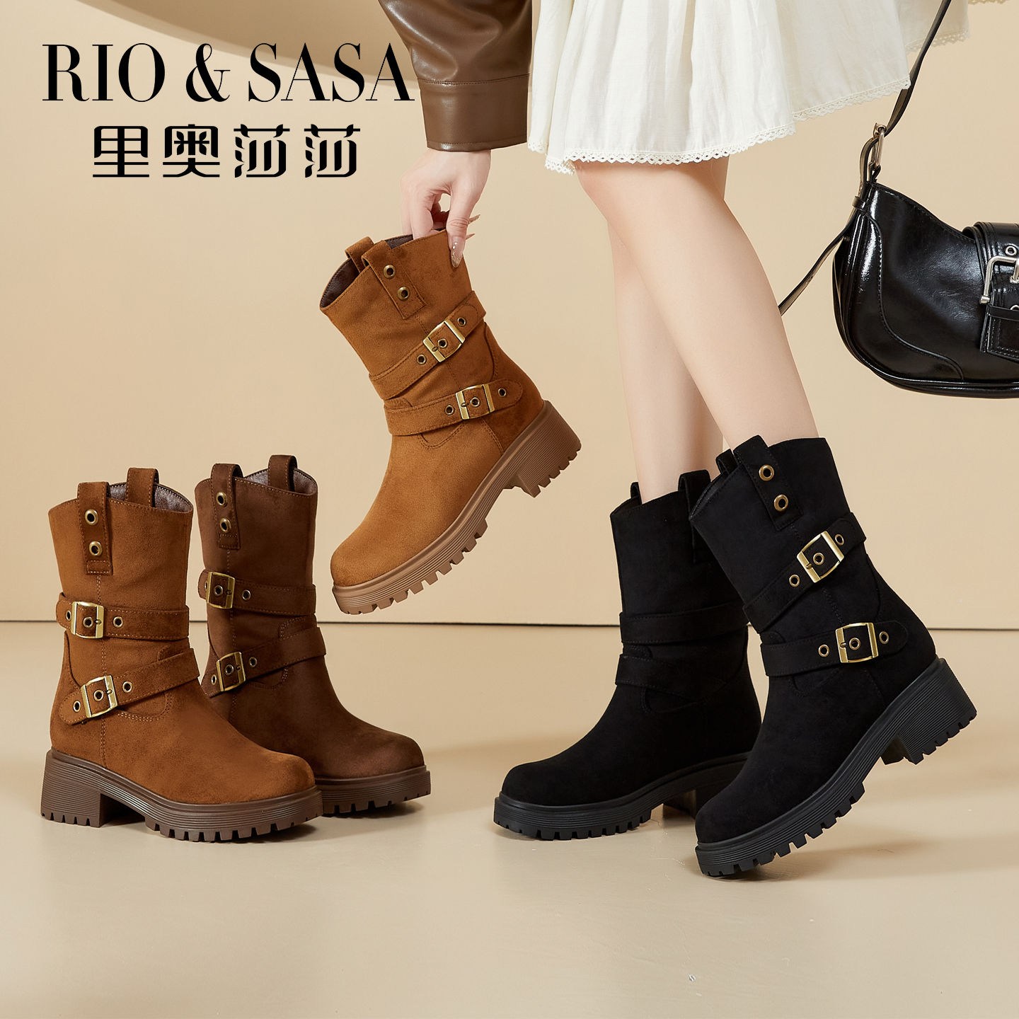 里奥莎莎时装复古西部牛仔靴女靴2025秋冬圆头粗跟搭扣弹力瘦瘦靴