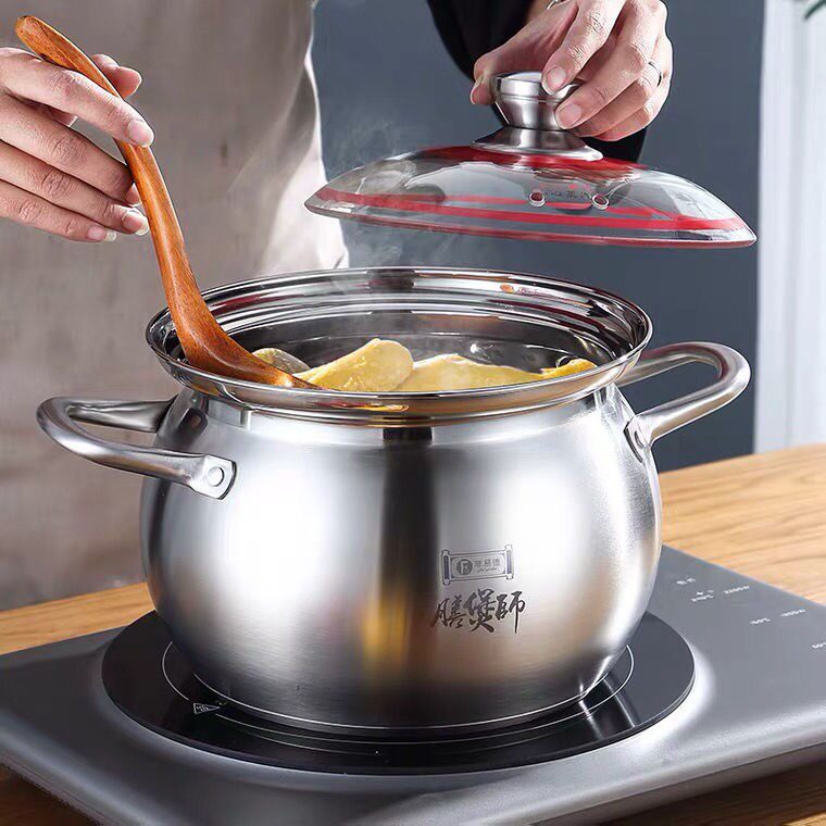 304不锈钢特厚鼓形高汤锅防溢涨型熬汤煲煮粥炖肉锅电磁燃气通用