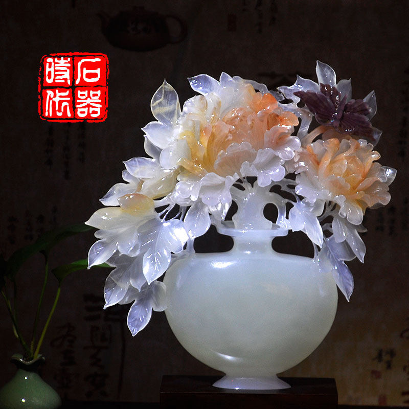 天然玉石花开富贵摆件大 牡丹花瓶雕刻工艺品 家居客厅装饰摆设品
