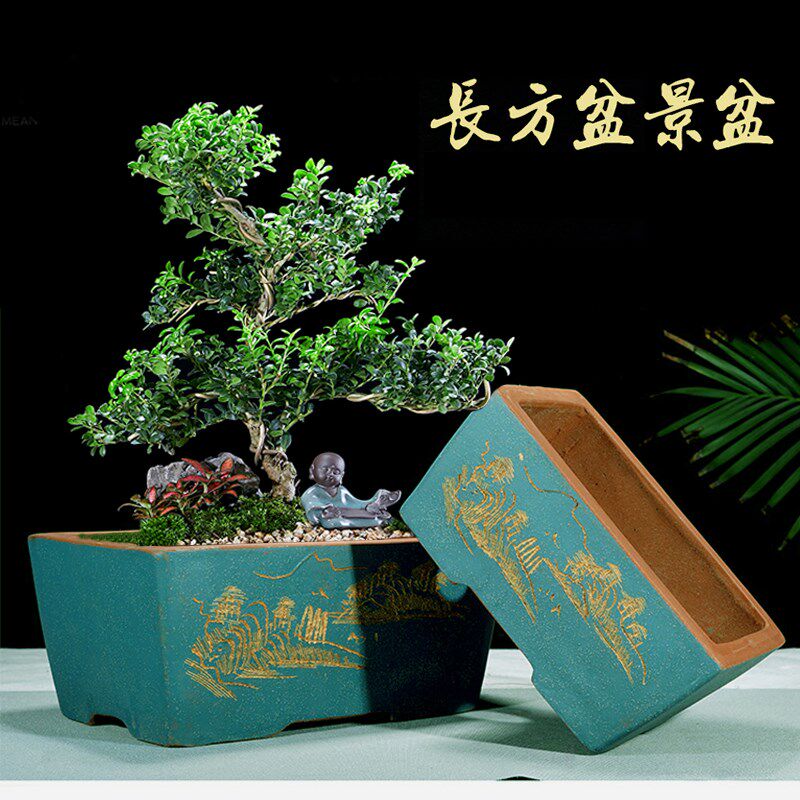 宜兴手工紫砂花盆室内花卉文竹长方形盆景盆榕树透气树桩盆马槽盆