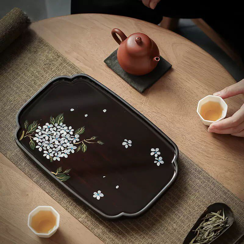 手绘绣球花干泡台竹制圆形壶承点心果盘托盘小型中式复古家用茶具